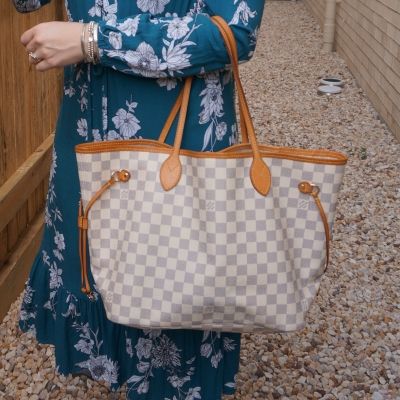 Kmart teal floral print midi dress with Louis Vuitton MM neverfull damier azur | away from the blue