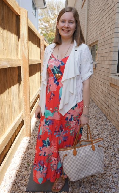 Kmart Tropicana sleeveless tiered maxi dress with waterfall jacket Louis vuitton neverfull | awayfromblue