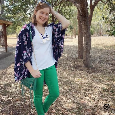awayfromtheblue Instagram | blue and green spring SAHM style outfit with floral kimono white tee skinny jeans