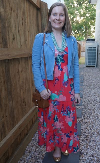 Kmart Tropicana sleeveless tiered maxi dress with Jeanswest denim moto jacket statement necklace tan bag | away from blue