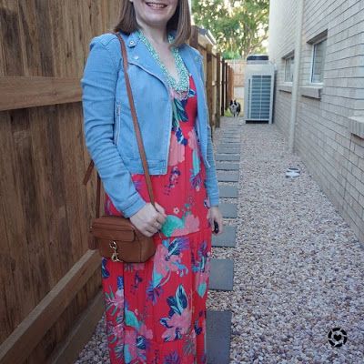 awayfromtheblue Instagram | Kmart Tropicana sleeveless tiered maxi dress with denim moto jacket statement necklace night out dinner otufit