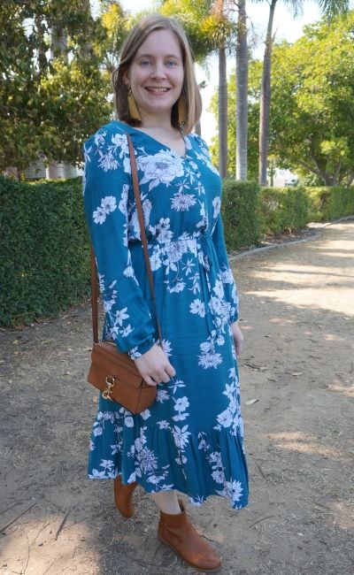 Kmart teal floral print midi dress with mustard tassel earrings and tan MAB camera bag and ankle boots spring church outfit | awayfromblue