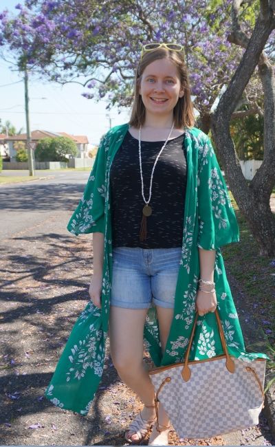 Jeanswest Delilah Long Line Kimono in Green Floral with louis vuitton neverfull shorts and tee | away from the blue