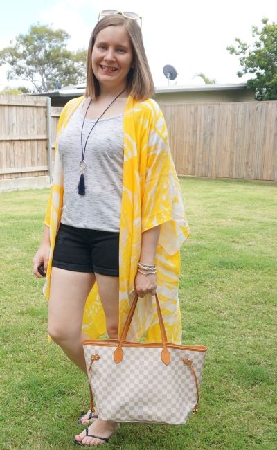 Jeanswest Eliza summer poncho in yellow floral with denim shorts and space dye tee LV neverfull beach picnic outfit | awayfromblue