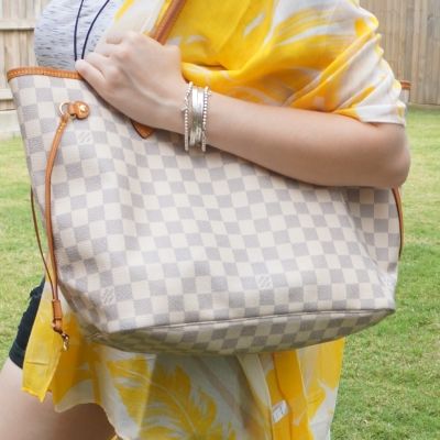 yellow floral kimono with Louis Vuitton MM damier azur neverfull | awayfromtheblue