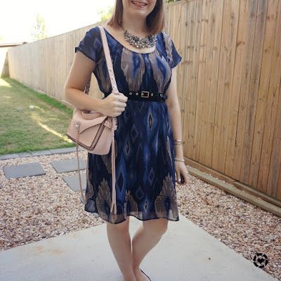 awayfromblue Instagram | navy ikat print belted dress with rebecca minkoff small darren bag
