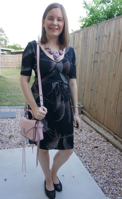 Leona edmiston fern print dress with statement necklace blush rebecca minkoff darren bag | away from blue