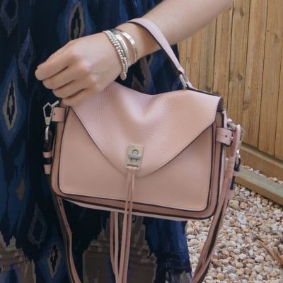 navy dress with Rebecca Minkoff small Darren messenger bag in peony | awayfromblue
