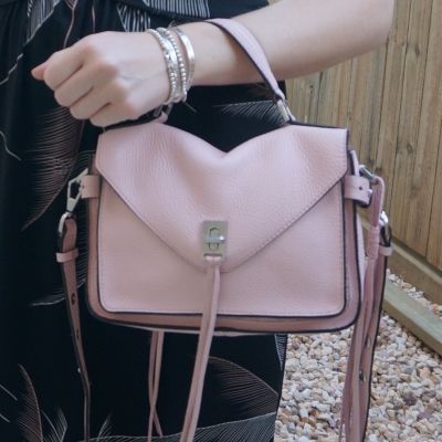black printed dress with Rebecca Minkoff small Darren messenger bag in peony | away from blue