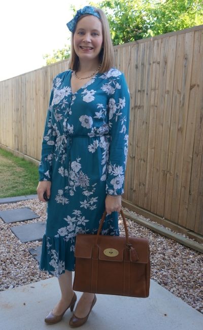 Kmart teal floral print midi dress with scarf in hair, heels and Mulberry bayswater tote bag | awayfromblue