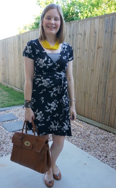 black floral wrap dress for office with mulberry heritage oak nvt bayswater bag and hermes twilly scarf bracelet | away from blue