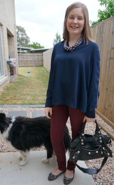 Target Preview navy long sleeve collared shirt with burgundy pants statement necklace for the office | awayfromblue