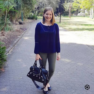 awayfromtheblue Instagram | jeanswest chana navy peasant blouse with olive skinny jeans balenciaga part time bag