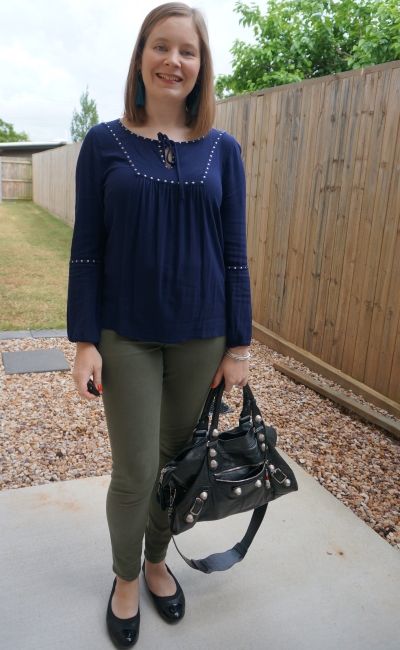 Jeanswest chana long sleeve stud blouse in night sky navy with olive green skinny pants for spring office outfit | away from blue