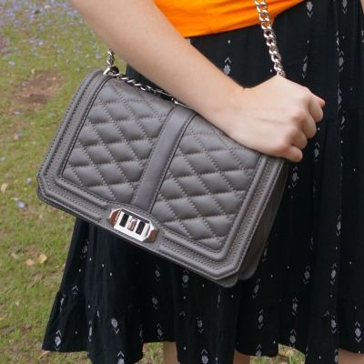 little black dress with Rebecca Minkoff Love cross body bag in grey | awayfromtheblue