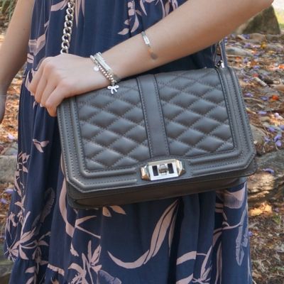 blush printed sundress with Rebecca Minkoff Love cross body bag in grey | away from the blue