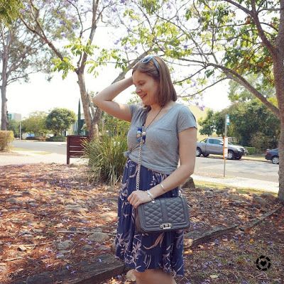 awayfromblue Instagram | mum style church outfit knotted grey tee over tiered printed sundress with rebecca minkoff love bag