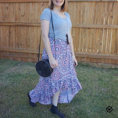 awayfromtheblue Instagram | grey tee over high low maxi dress casual spring church outfit with amerii straw circle bag