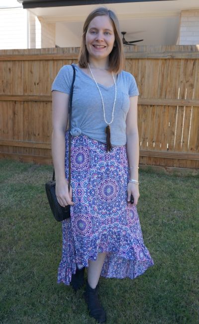 casual grey tee over high low maxi skirt outfit with straw circle bag and ankle boots | away from blue