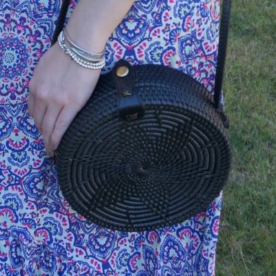 Amerii medium sling rattan bag in black with mandala print maxi dress | away from the blue