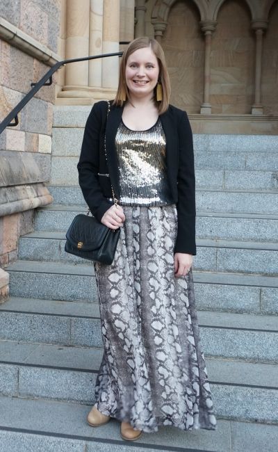 Brisbane Fashion Runway show 2019 touch of glitter sqequin tank over snake print maxi dress with black blazer vintage Chanel | awayfromblue