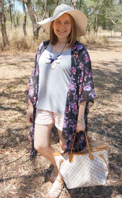 black floral duster kimono with pink shorts, grey tee and Louis Vuitton neverfull damier tote | away from blue
