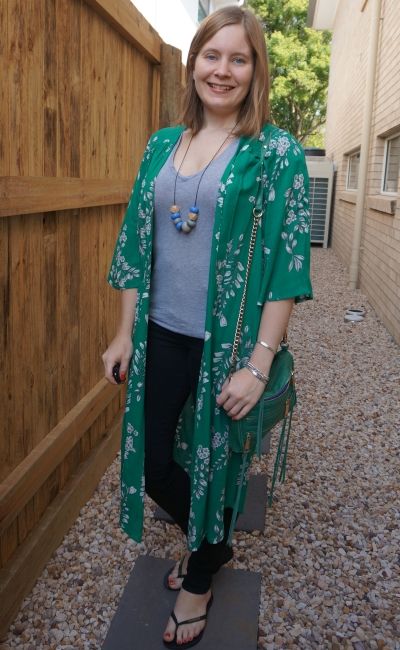 monochrome grey tee and jeans outfit with Jeanswest Delilah Long Line Kimono in Green Floral sahm style | awayfromblue