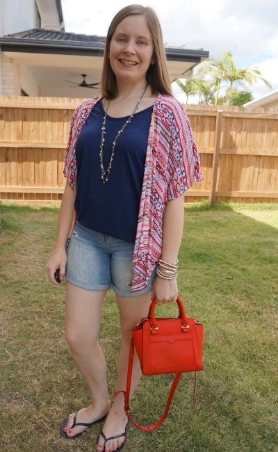 navy slouchy tee denim shorts red printed kimono and micro avery bag summer mum style | awayfromblue