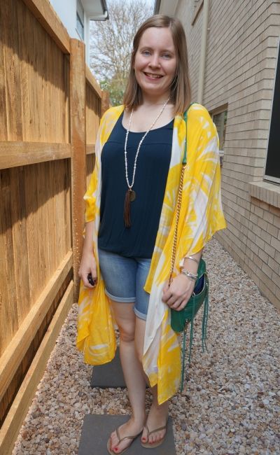 Jeanswest Eliza summer poncho in yellow floral kimono duster with navy tank and bermuda denim shorts | away from blue