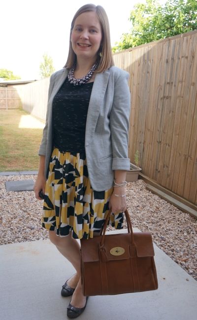printed pleated mustard skirt with space dye tee grey jersey blazer mulberry bayswater | away from blue