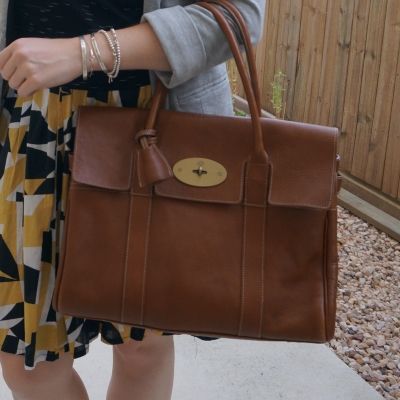 printed skirt with Mulberry Bayswater in Oak NVT leather | away from the blue