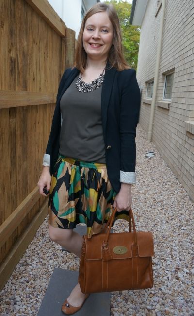leaf print silk skirt with olive slouchy tee jersey blazer summer office outfit with Mulberry bayswater | awayfromblue